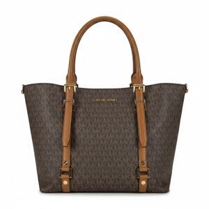 MICHAEL KORS Bedford Legacy MONOGRAM Tote Bag LEATHER TRIM Brown Size MEDIUM